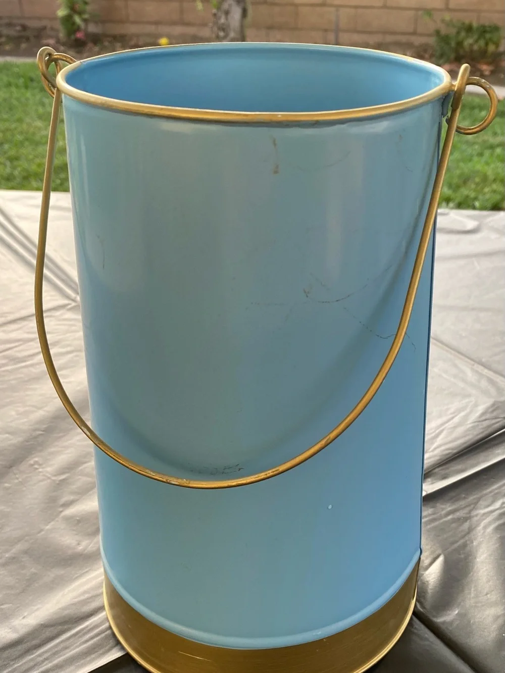 Blue Metal Decorative Bucket with Gold Accents